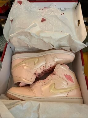 Jordan 1 Mid Women’s Sneakers — Pink with Gold Swoosh